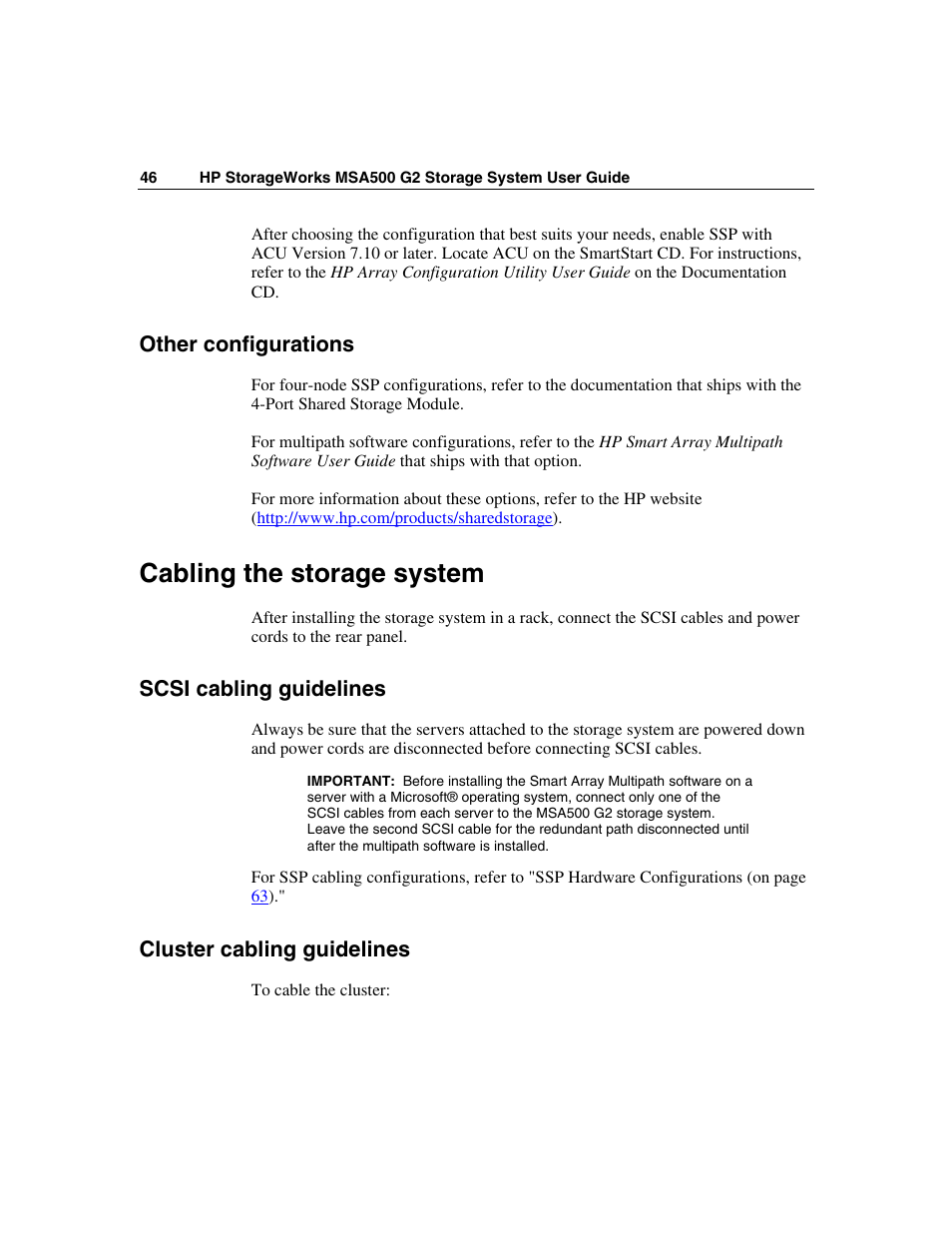 Other configurations, Cabling the storage system, Scsi cabling guidelines | Cluster cabling guidelines | HP StorageWorks 500 G2 Modular Smart Array User Manual | Page 46 / 153