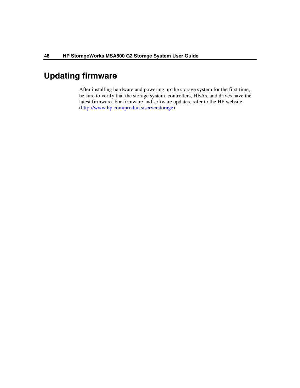 Updating firmware | HP StorageWorks 500 G2 Modular Smart Array User Manual | Page 48 / 153