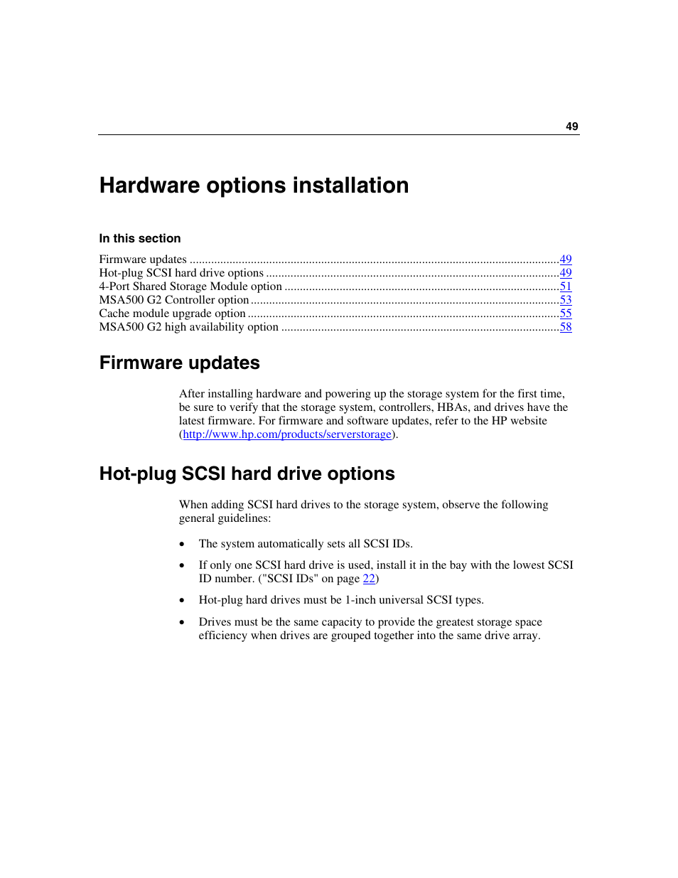 Hardware options installation, Firmware updates, Hot-plug scsi hard drive options | HP StorageWorks 500 G2 Modular Smart Array User Manual | Page 49 / 153