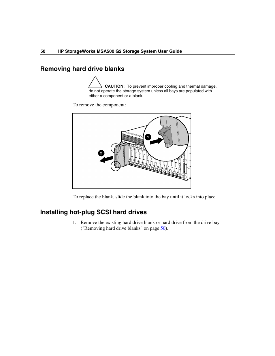 Removing hard drive blanks, Installing hot-plug scsi hard drives | HP StorageWorks 500 G2 Modular Smart Array User Manual | Page 50 / 153