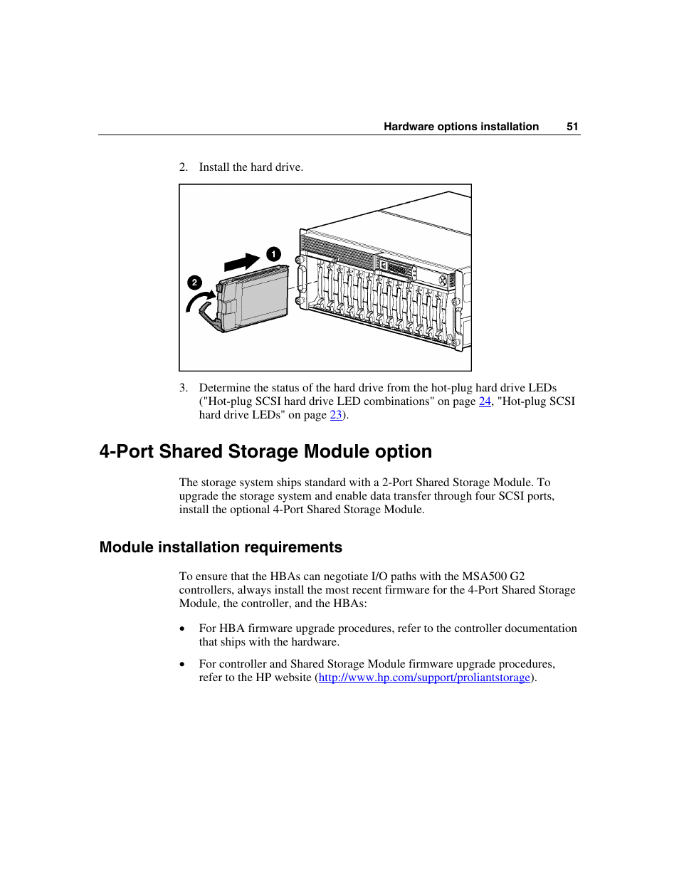 Port shared storage module option, Module installation requirements | HP StorageWorks 500 G2 Modular Smart Array User Manual | Page 51 / 153