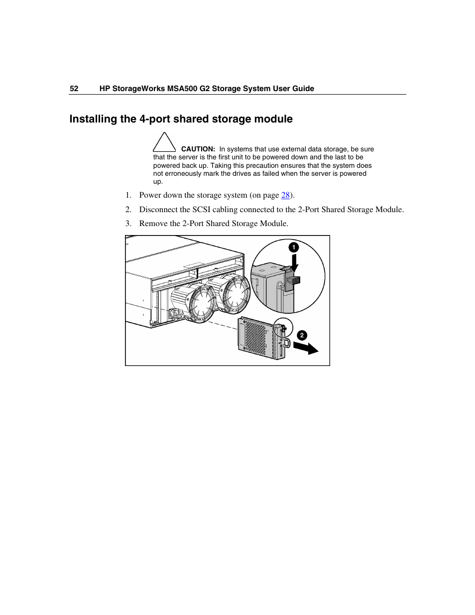 Installing the 4-port shared storage module | HP StorageWorks 500 G2 Modular Smart Array User Manual | Page 52 / 153