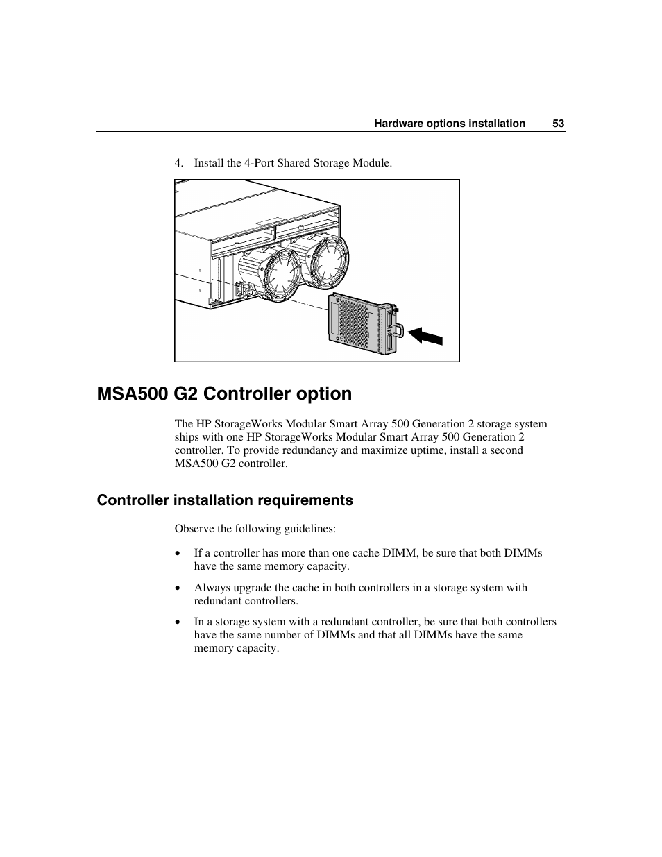 Msa500 g2 controller option, Controller installation requirements | HP StorageWorks 500 G2 Modular Smart Array User Manual | Page 53 / 153