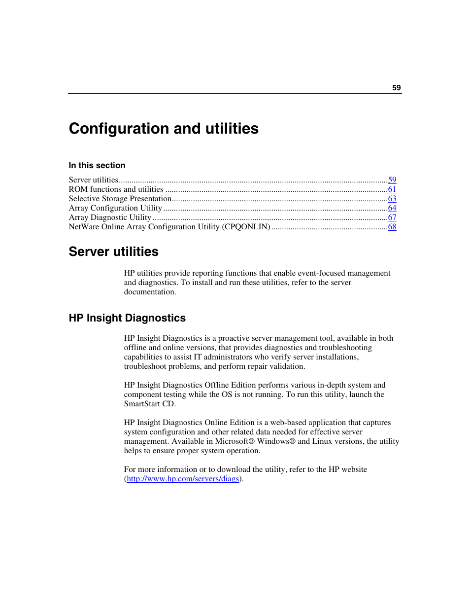 Configuration and utilities, Server utilities, Hp insight diagnostics | HP StorageWorks 500 G2 Modular Smart Array User Manual | Page 59 / 153