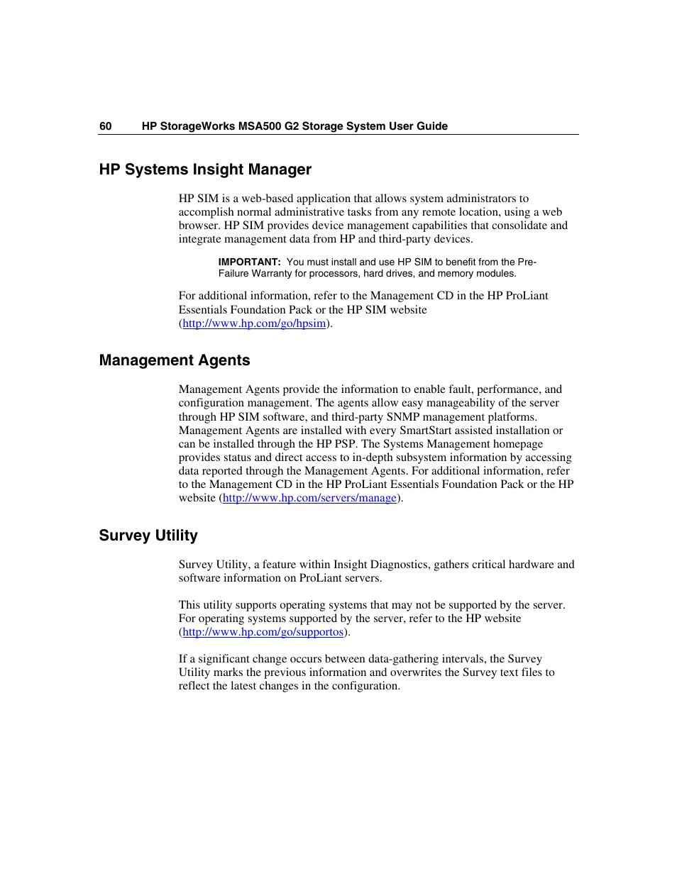 Hp systems insight manager, Management agents, Survey utility | HP StorageWorks 500 G2 Modular Smart Array User Manual | Page 60 / 153