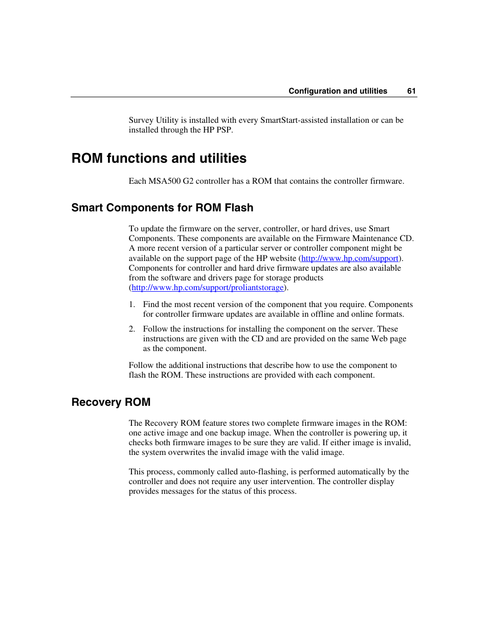 Rom functions and utilities, Smart components for rom flash, Recovery rom | HP StorageWorks 500 G2 Modular Smart Array User Manual | Page 61 / 153