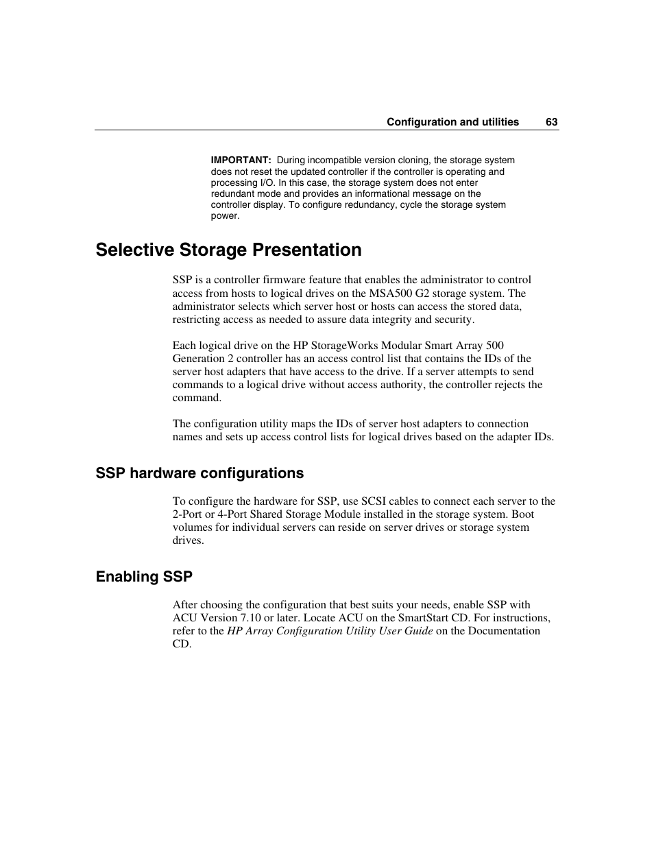 Selective storage presentation, Ssp hardware configurations, Enabling ssp | HP StorageWorks 500 G2 Modular Smart Array User Manual | Page 63 / 153