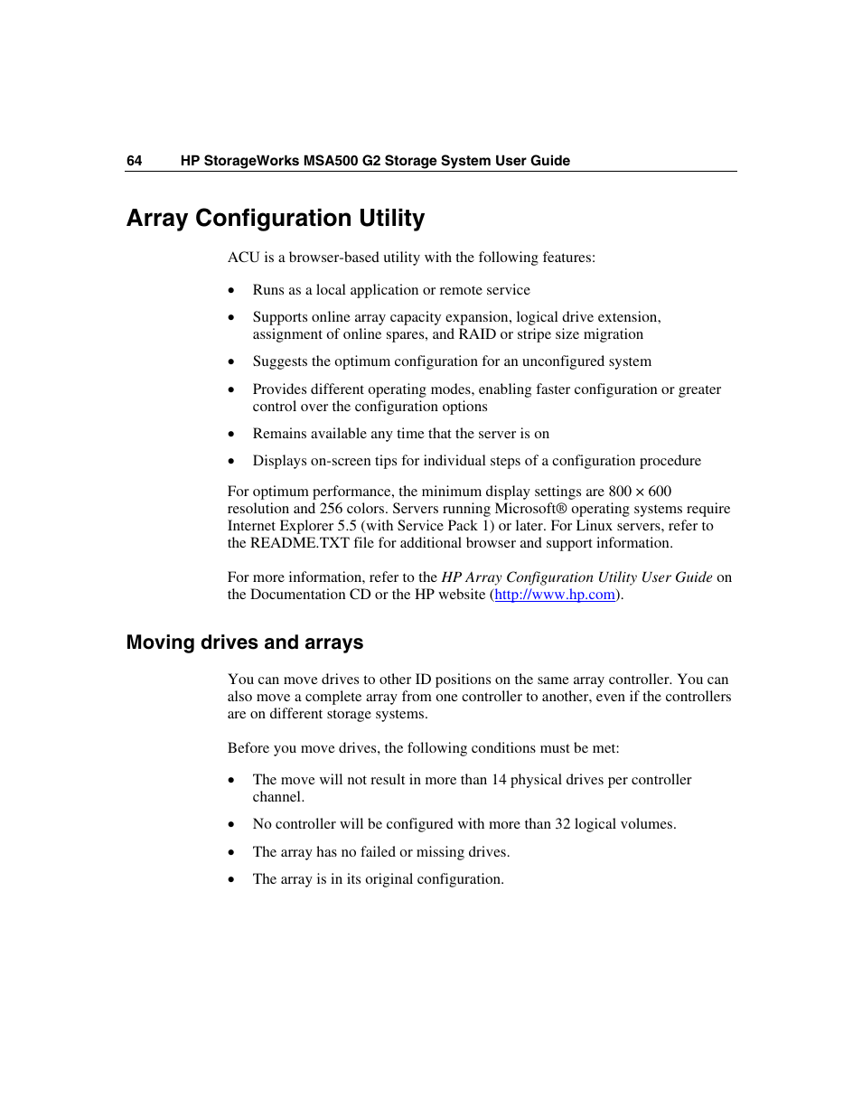 Array configuration utility, Moving drives and arrays | HP StorageWorks 500 G2 Modular Smart Array User Manual | Page 64 / 153