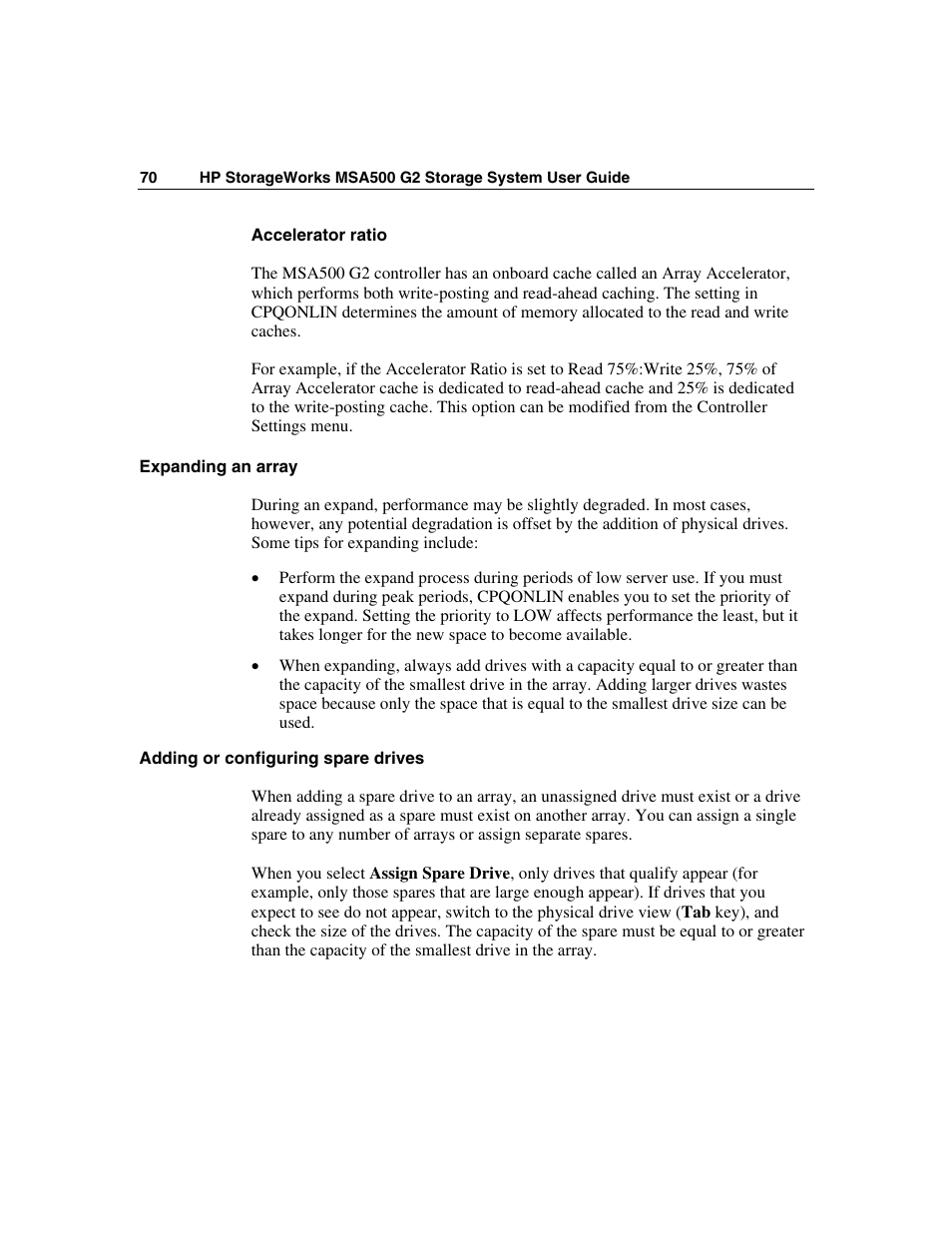 Expanding an array, Adding or configuring spare drives | HP StorageWorks 500 G2 Modular Smart Array User Manual | Page 70 / 153
