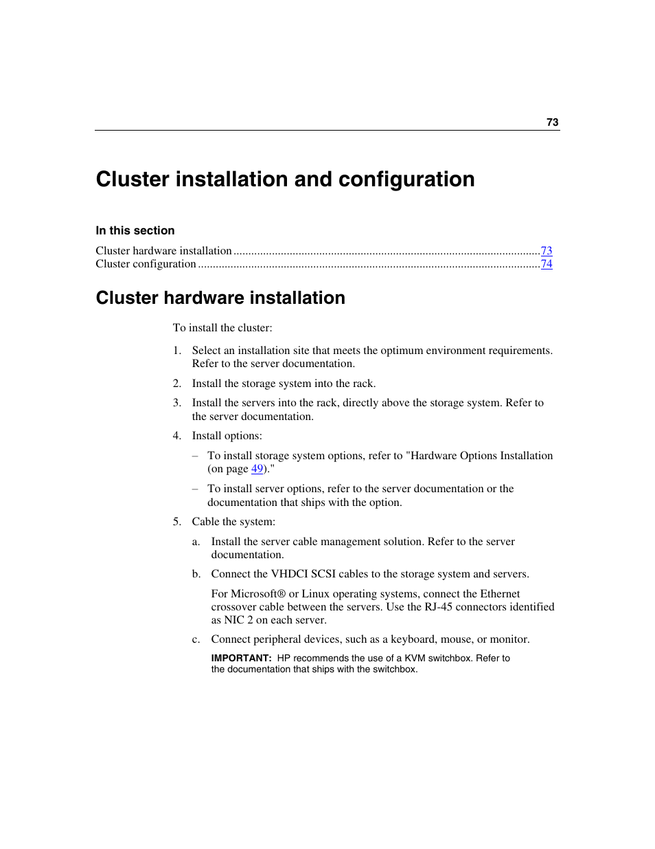 Cluster installation and configuration, Cluster hardware installation | HP StorageWorks 500 G2 Modular Smart Array User Manual | Page 73 / 153