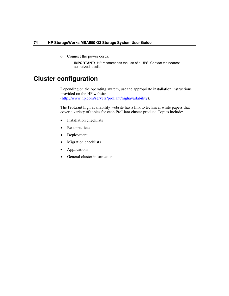 Cluster configuration | HP StorageWorks 500 G2 Modular Smart Array User Manual | Page 74 / 153