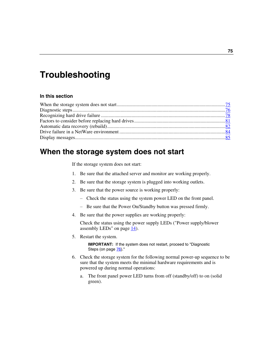 Troubleshooting, When the storage system does not start, Troubleshooting 75 | HP StorageWorks 500 G2 Modular Smart Array User Manual | Page 75 / 153