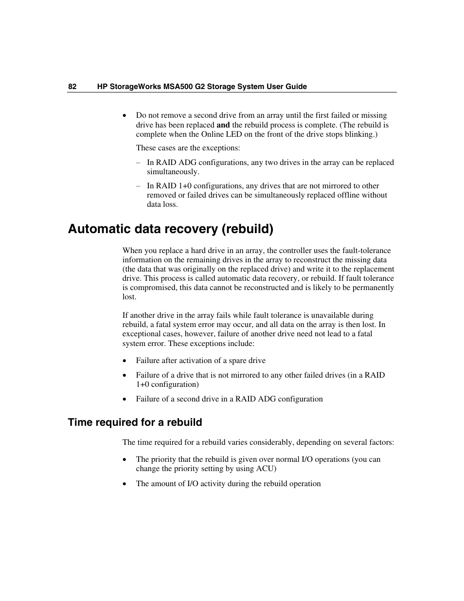 Automatic data recovery (rebuild), Time required for a rebuild | HP StorageWorks 500 G2 Modular Smart Array User Manual | Page 82 / 153