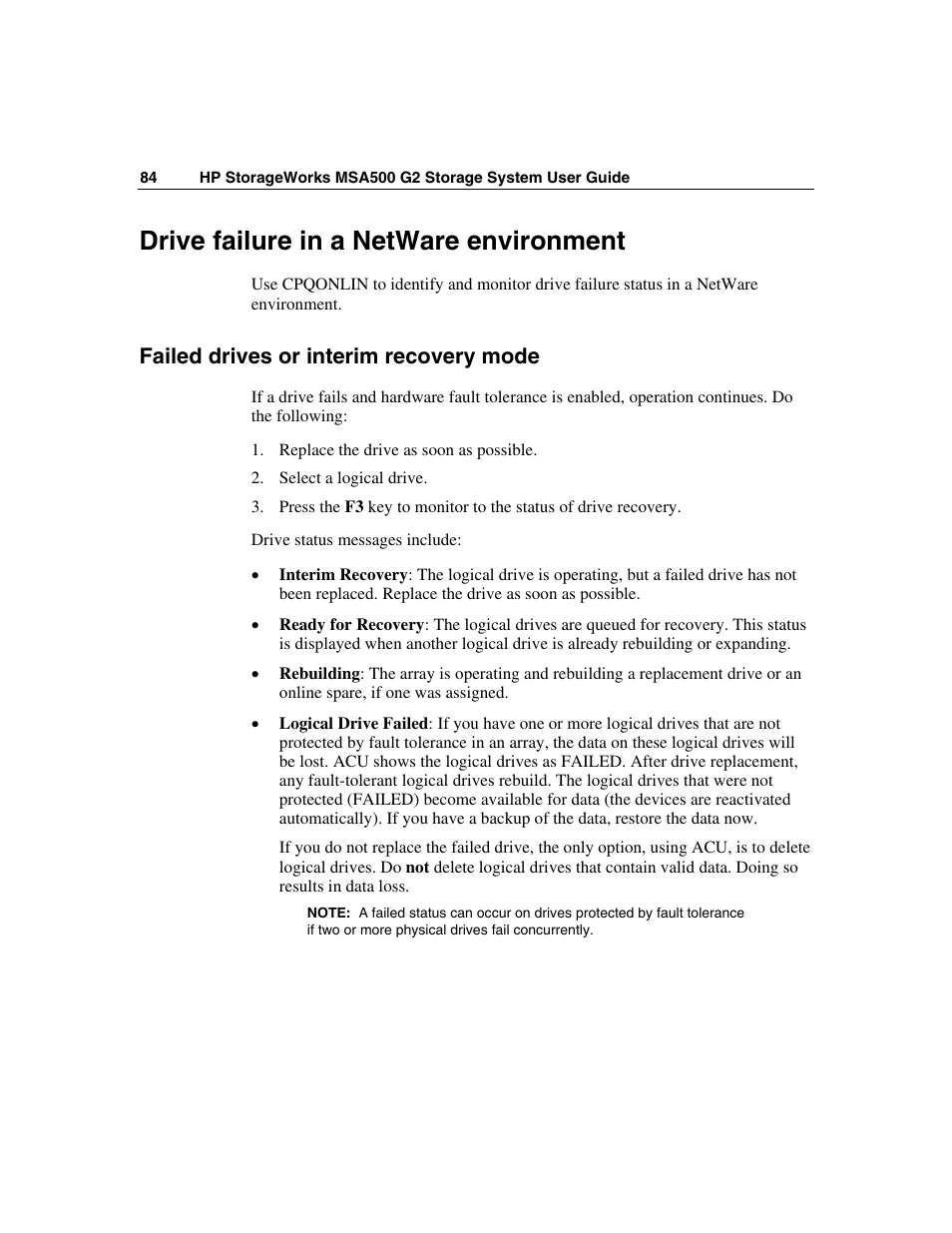 Drive failure in a netware environment, Failed drives or interim recovery mode | HP StorageWorks 500 G2 Modular Smart Array User Manual | Page 84 / 153