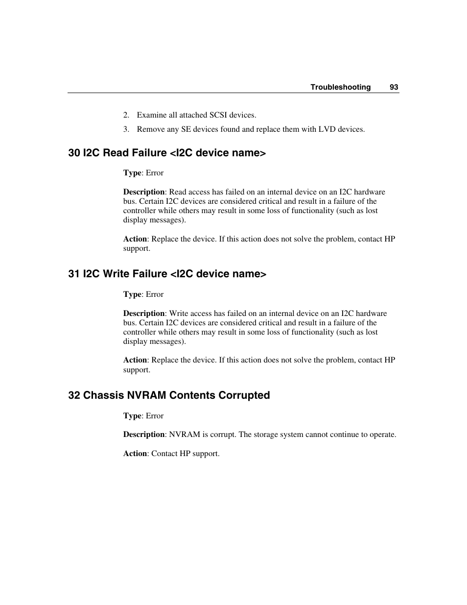 30 i2c read failure <i2c device name, 31 i2c write failure <i2c device name, 32 chassis nvram contents corrupted | HP StorageWorks 500 G2 Modular Smart Array User Manual | Page 93 / 153