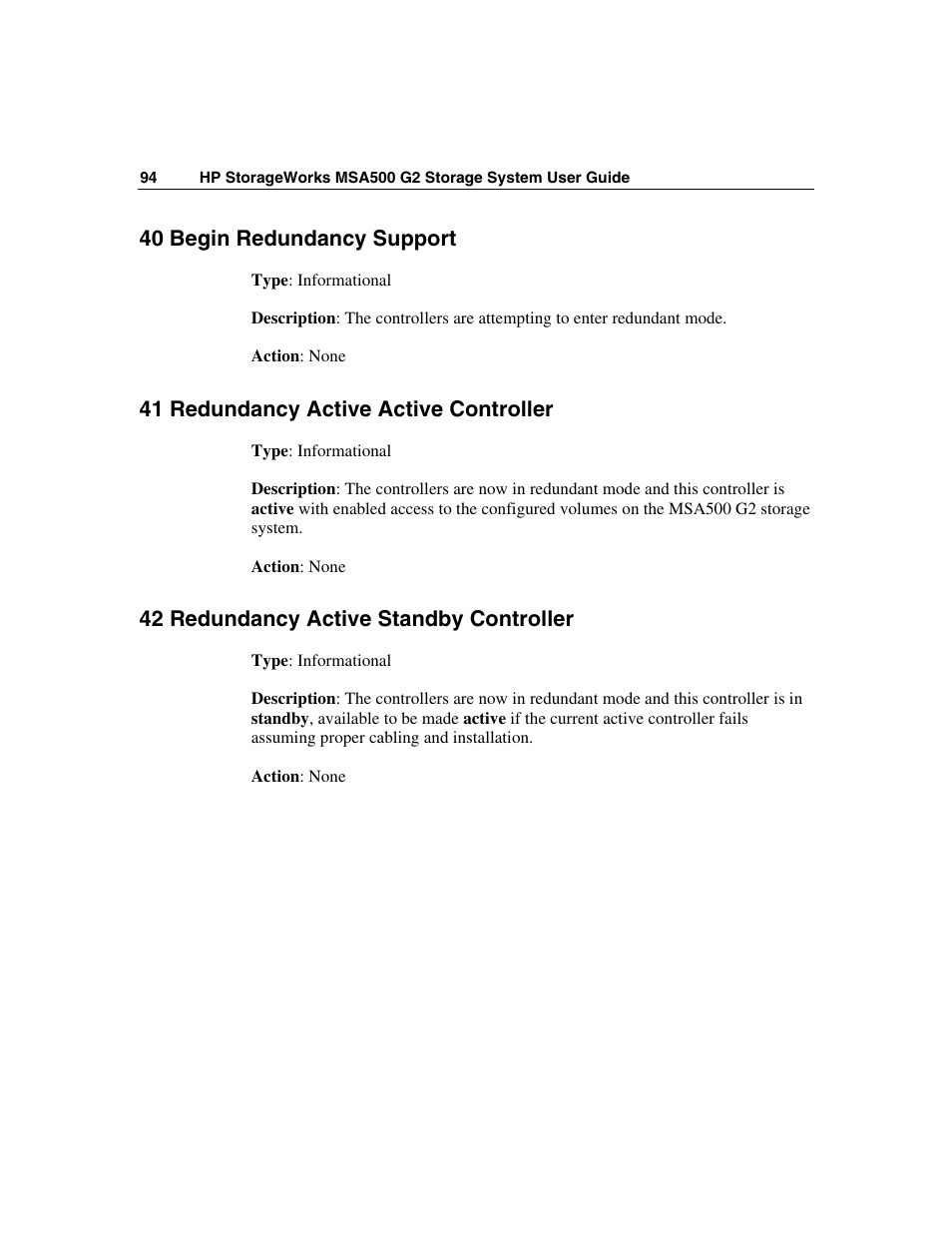 40 begin redundancy support, 41 redundancy active active controller, 42 redundancy active standby controller | HP StorageWorks 500 G2 Modular Smart Array User Manual | Page 94 / 153