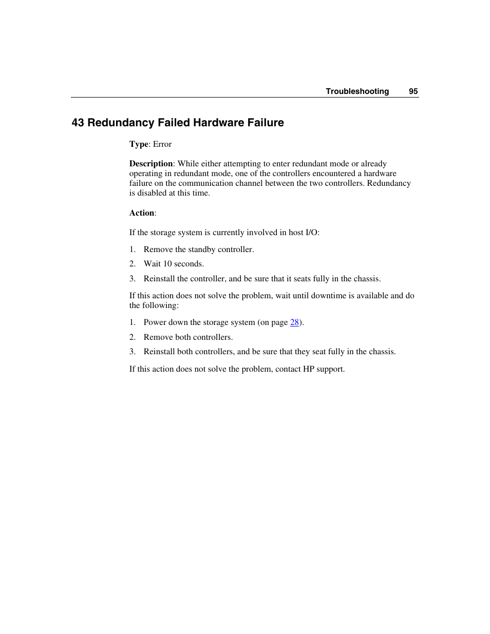 43 redundancy failed hardware failure | HP StorageWorks 500 G2 Modular Smart Array User Manual | Page 95 / 153