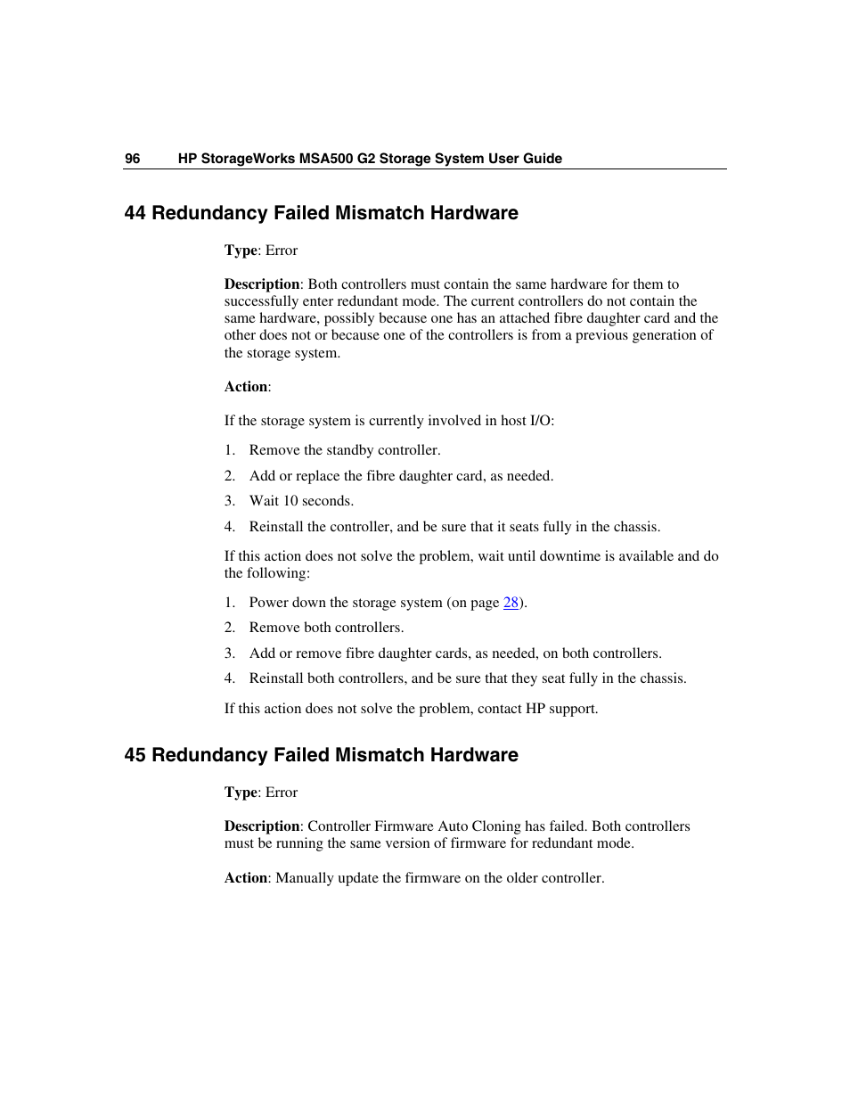 44 redundancy failed mismatch hardware, 45 redundancy failed mismatch hardware | HP StorageWorks 500 G2 Modular Smart Array User Manual | Page 96 / 153