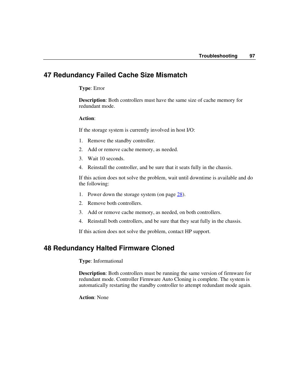 47 redundancy failed cache size mismatch, 48 redundancy halted firmware cloned | HP StorageWorks 500 G2 Modular Smart Array User Manual | Page 97 / 153