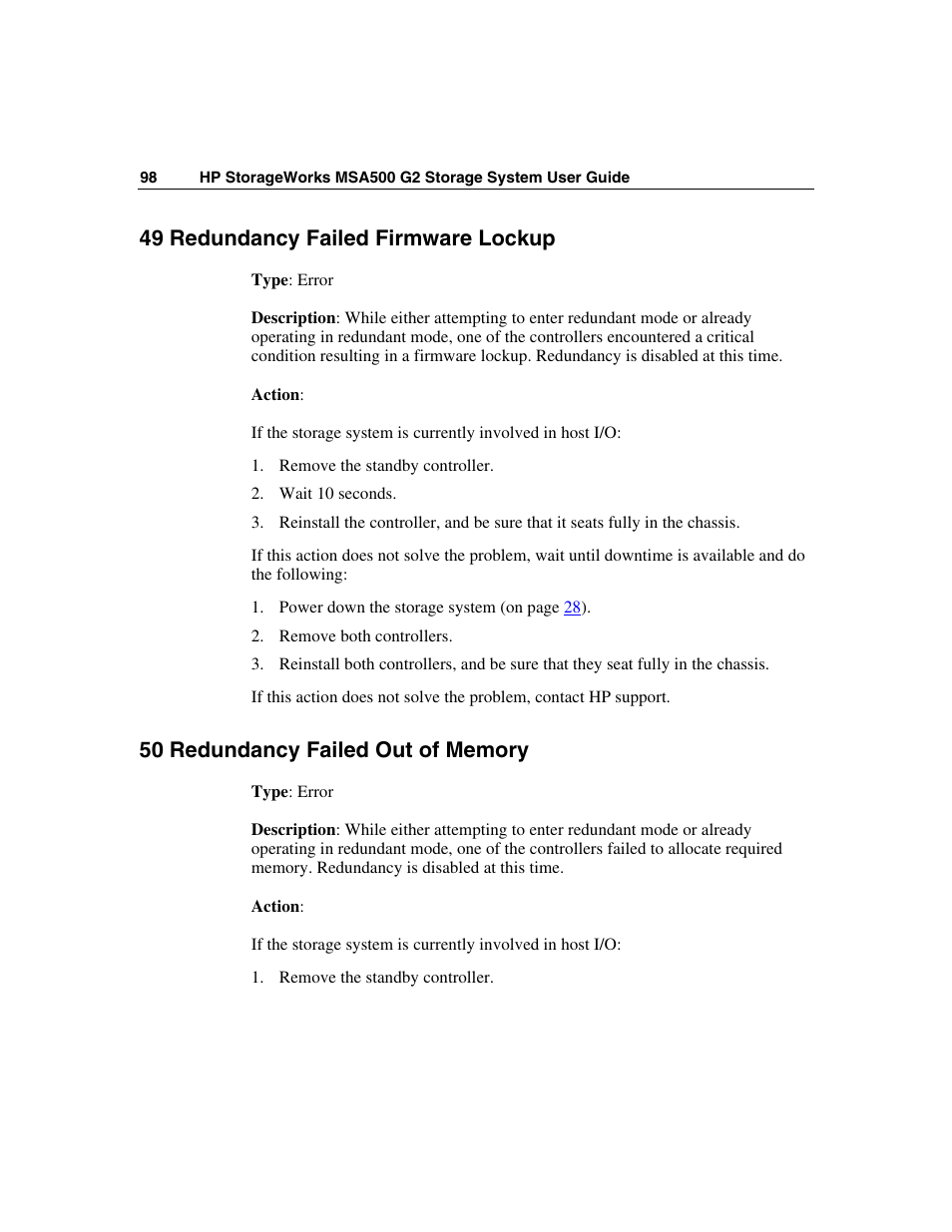 49 redundancy failed firmware lockup, 50 redundancy failed out of memory | HP StorageWorks 500 G2 Modular Smart Array User Manual | Page 98 / 153