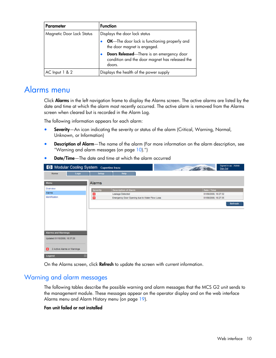 Alarms menu, Warning and alarm messages, Appea | HP Modular Cooling System User Manual | Page 10 / 57