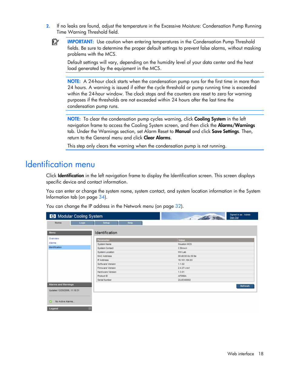 Identification menu | HP Modular Cooling System User Manual | Page 18 / 57