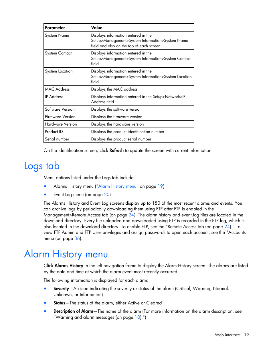 Logs tab, Alarm history menu | HP Modular Cooling System User Manual | Page 19 / 57