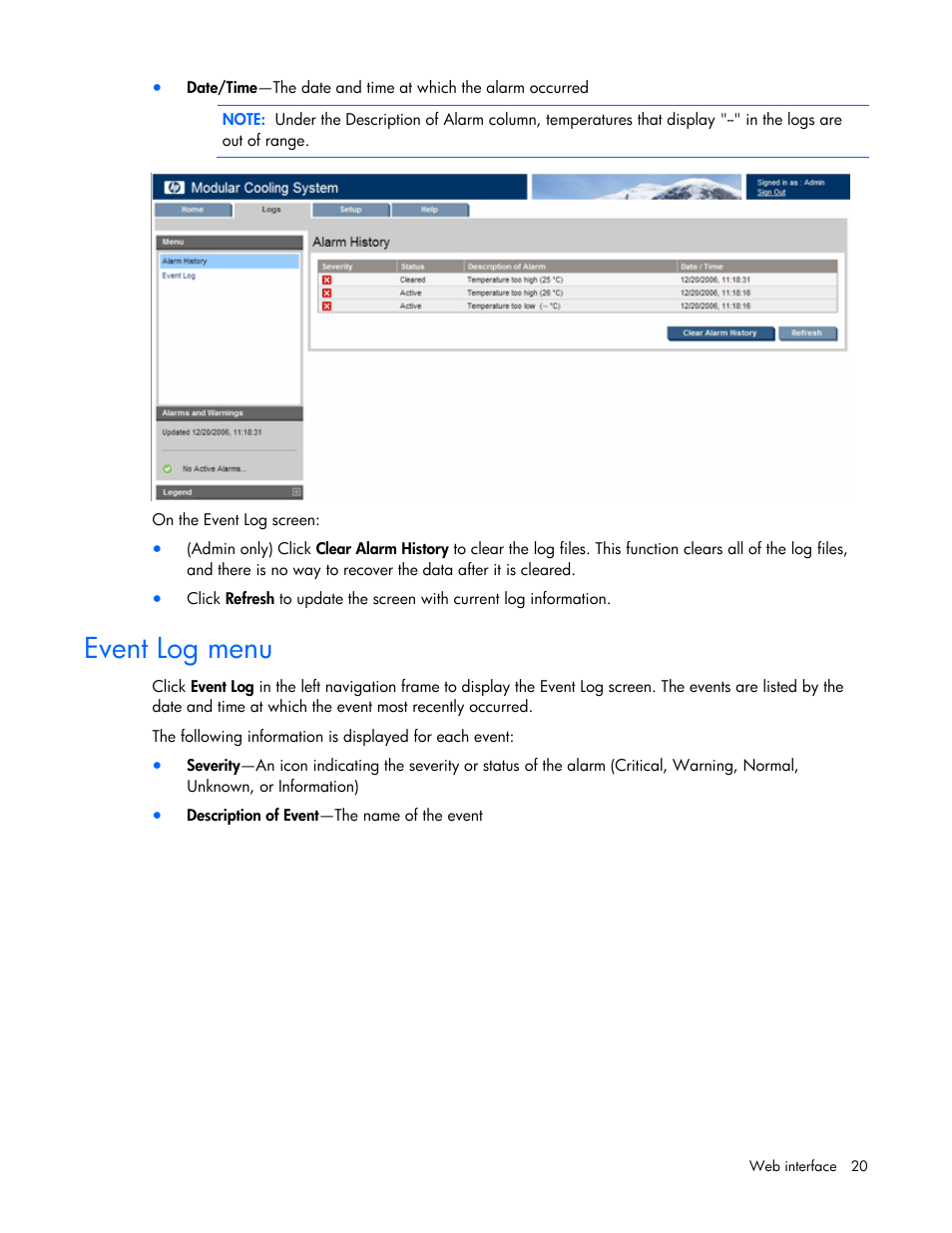 Event log menu | HP Modular Cooling System User Manual | Page 20 / 57