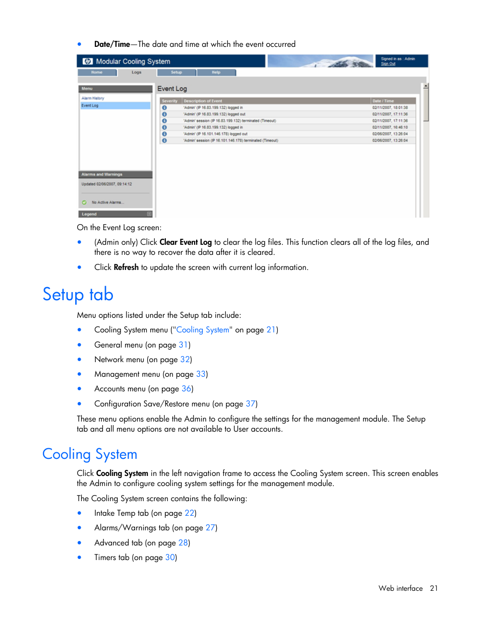 Setup tab, Cooling system | HP Modular Cooling System User Manual | Page 21 / 57