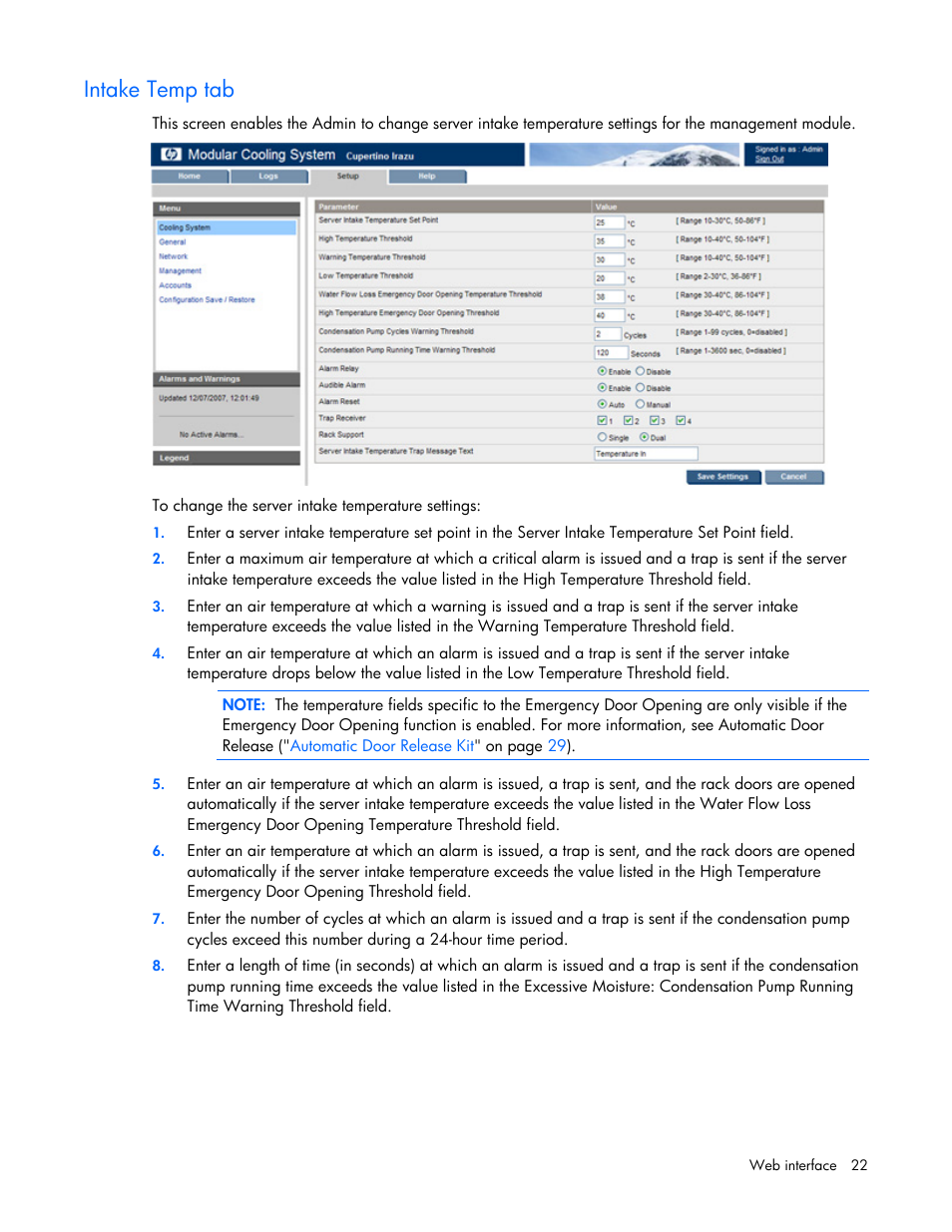 Intake temp tab, Low temperature, Warning | HP Modular Cooling System User Manual | Page 22 / 57