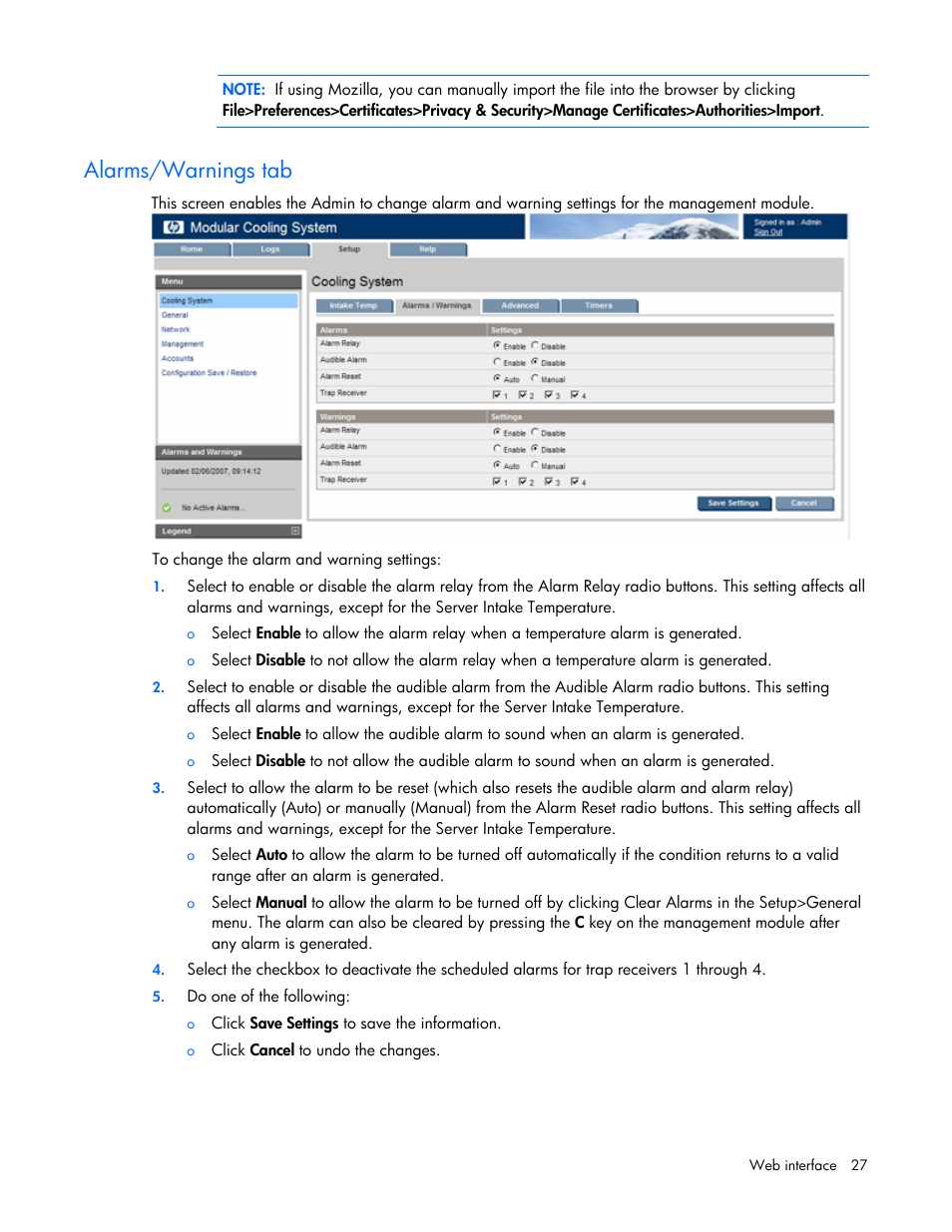 Alarms/warnings tab | HP Modular Cooling System User Manual | Page 27 / 57