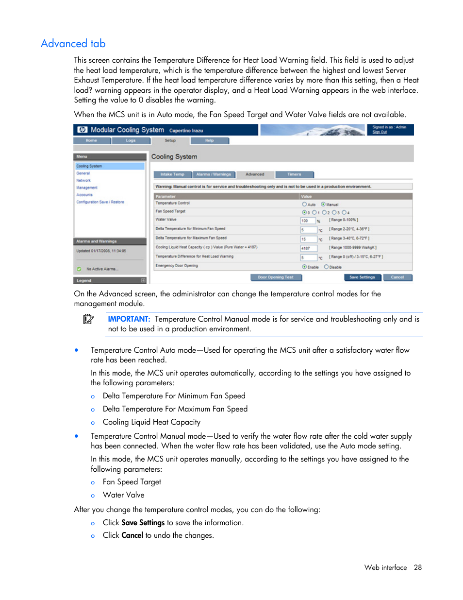 Advanced tab | HP Modular Cooling System User Manual | Page 28 / 57