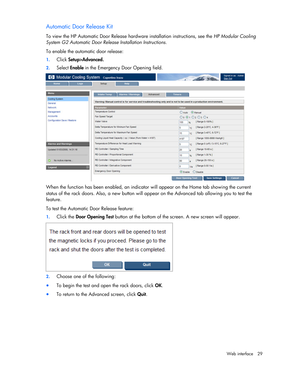 Automatic door release kit | HP Modular Cooling System User Manual | Page 29 / 57