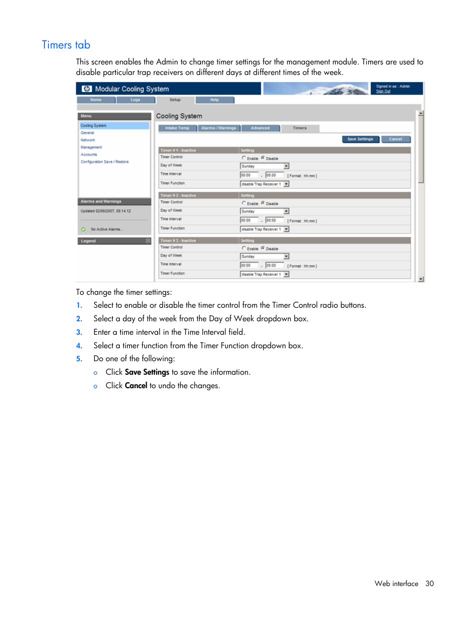 Timers tab | HP Modular Cooling System User Manual | Page 30 / 57