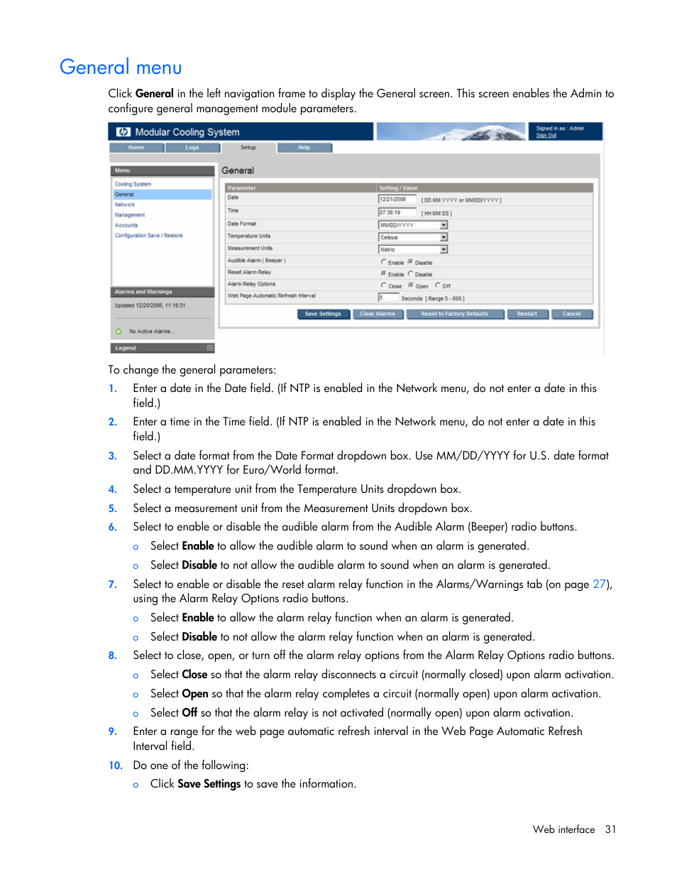 General menu | HP Modular Cooling System User Manual | Page 31 / 57