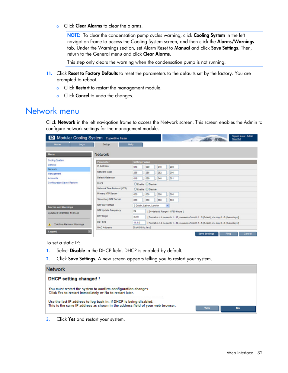 Network menu | HP Modular Cooling System User Manual | Page 32 / 57