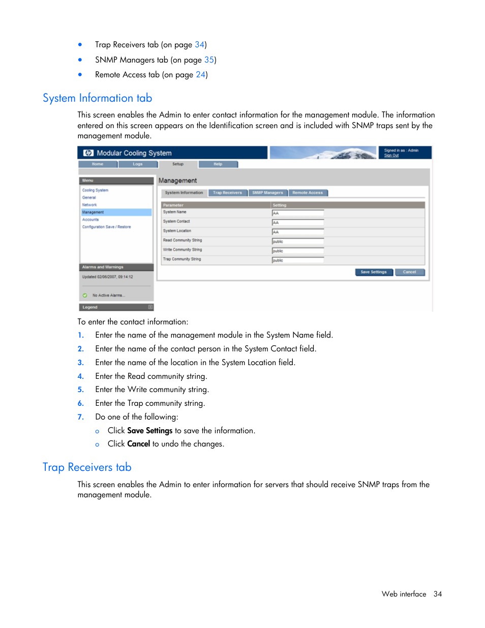 System information tab, Trap receivers tab | HP Modular Cooling System User Manual | Page 34 / 57