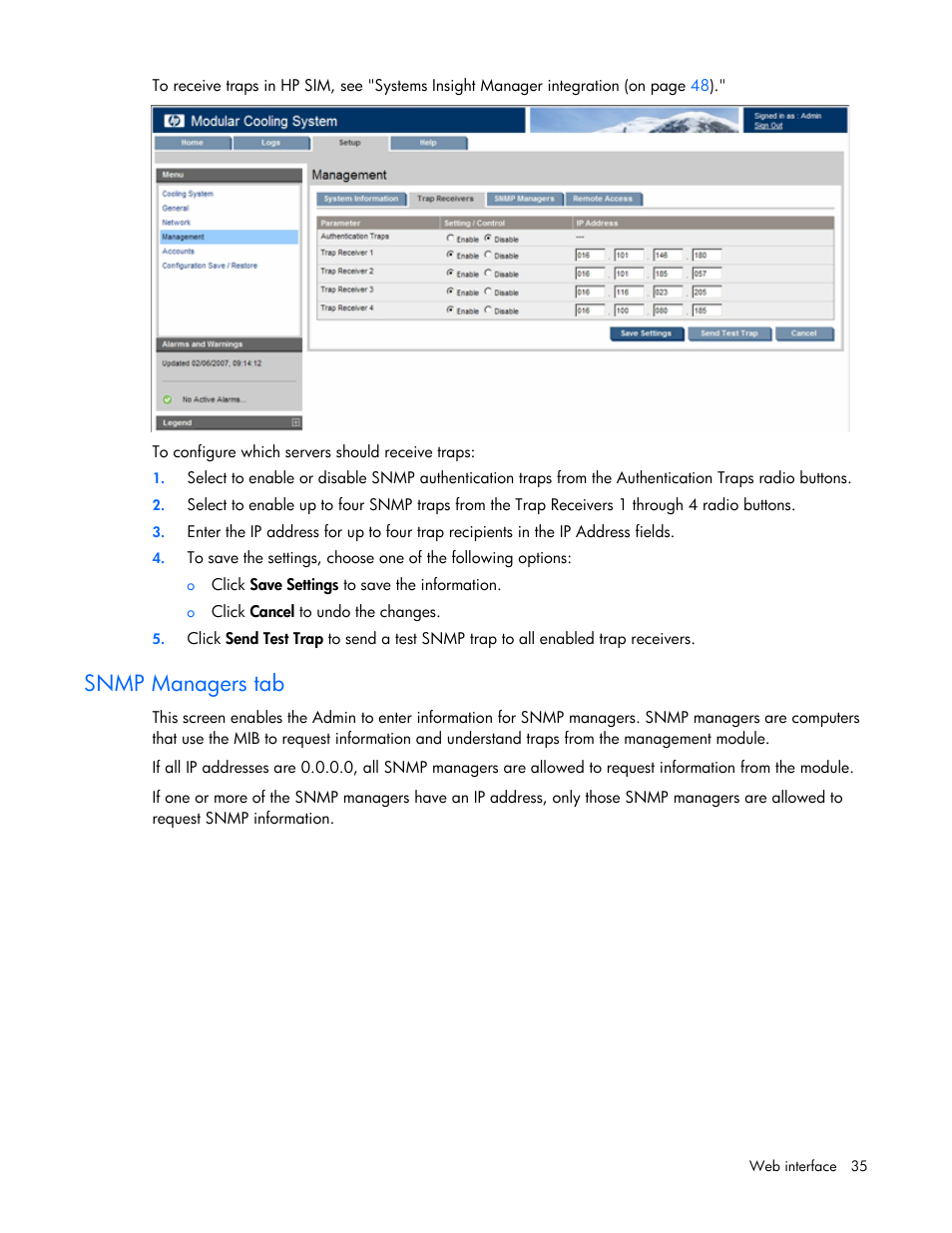 Snmp managers tab | HP Modular Cooling System User Manual | Page 35 / 57