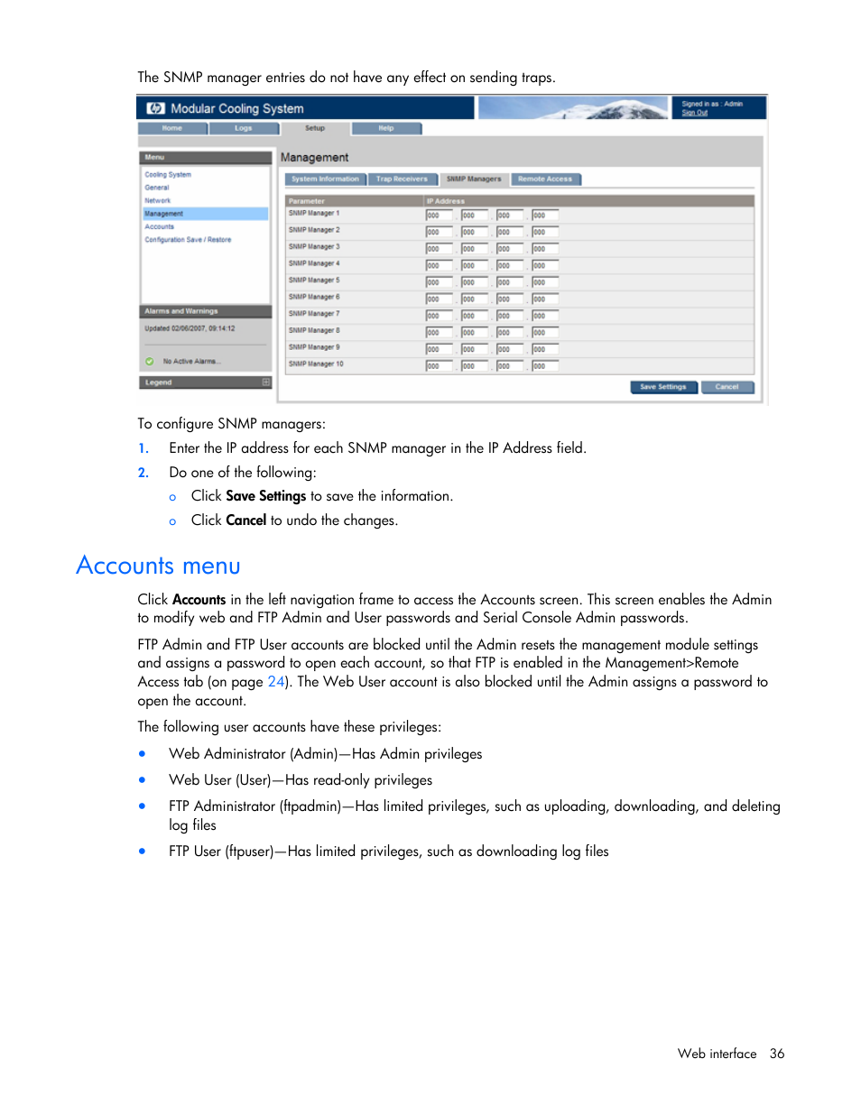 Accounts menu | HP Modular Cooling System User Manual | Page 36 / 57