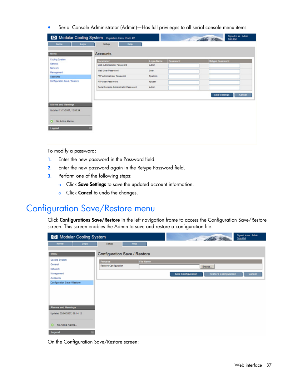 Configuration save/restore menu | HP Modular Cooling System User Manual | Page 37 / 57