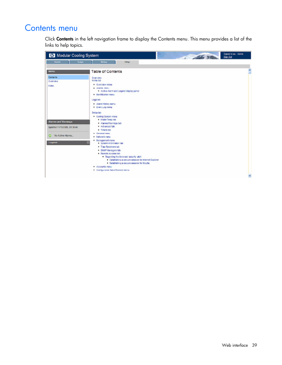 Contents menu | HP Modular Cooling System User Manual | Page 39 / 57