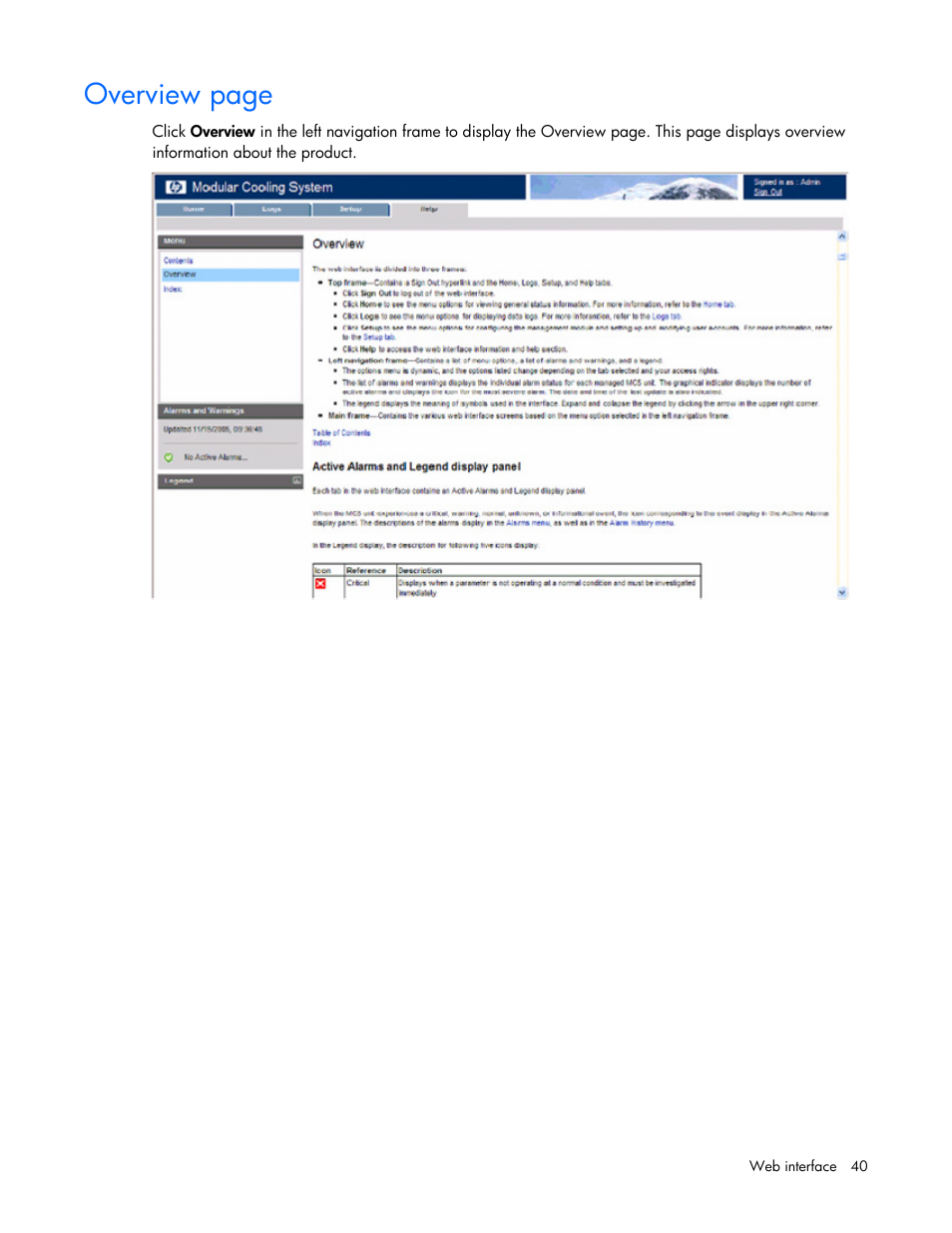 Overview page | HP Modular Cooling System User Manual | Page 40 / 57