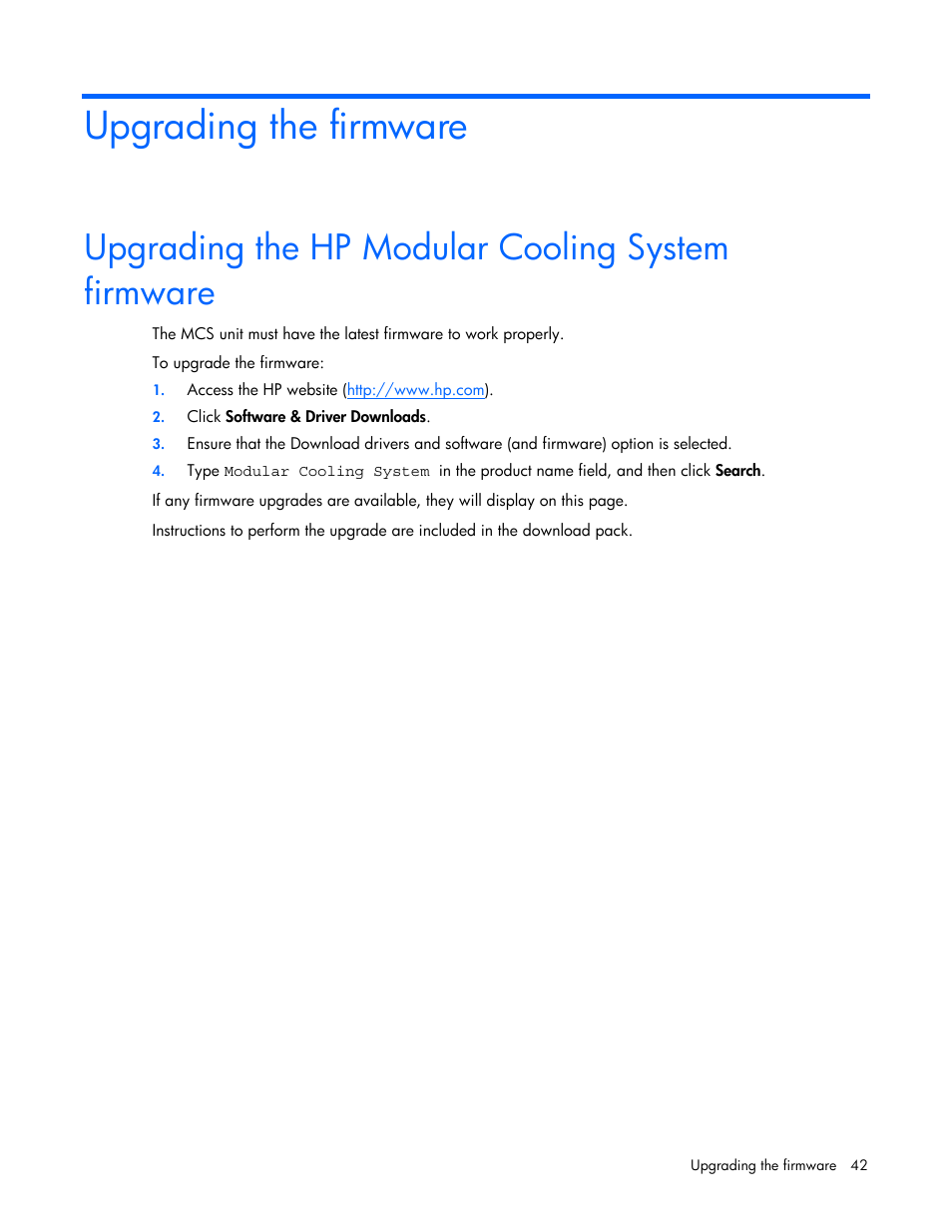 Upgrading the firmware, Upgrading the hp modular cooling system firmware | HP Modular Cooling System User Manual | Page 42 / 57