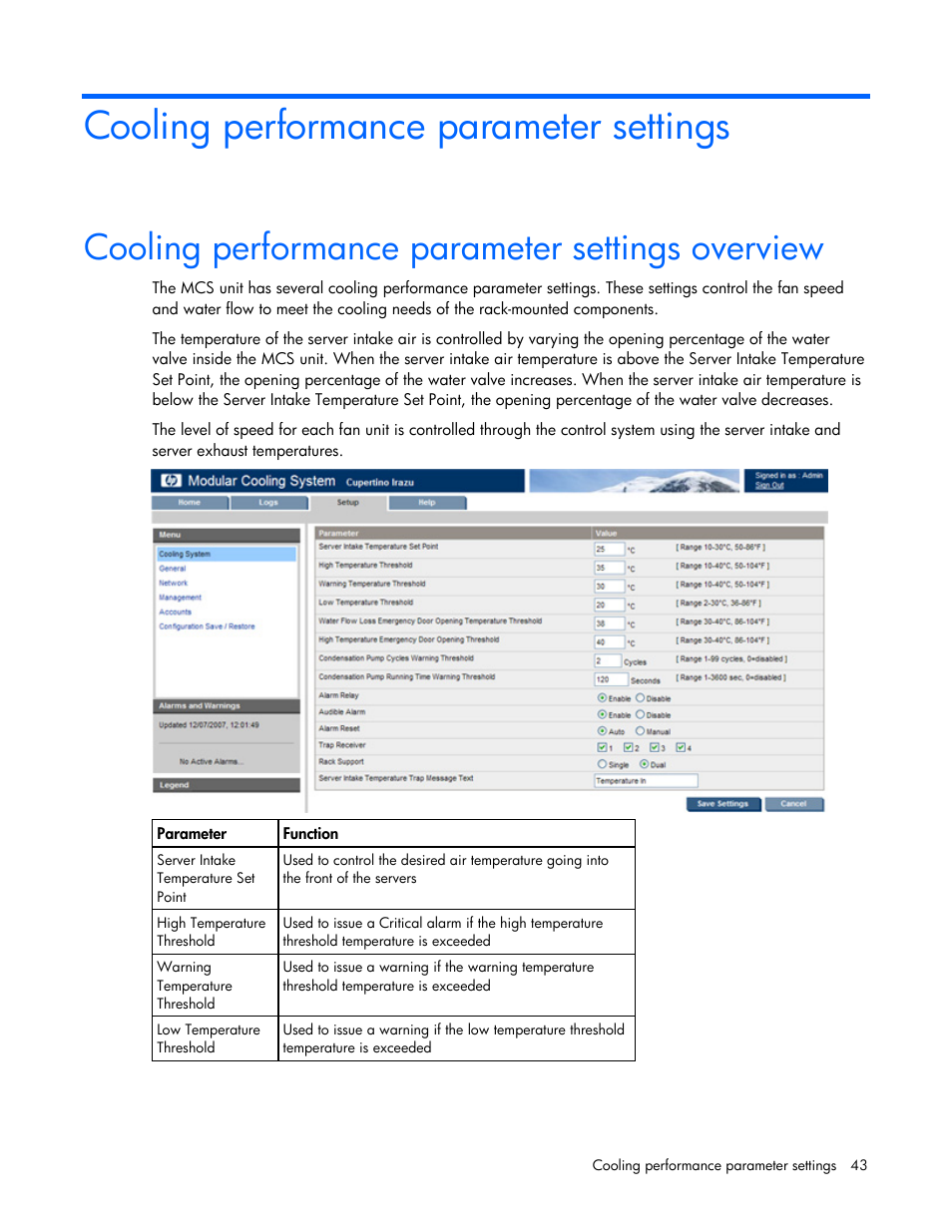 Cooling performance parameter settings, Cooling performance parameter settings overview | HP Modular Cooling System User Manual | Page 43 / 57