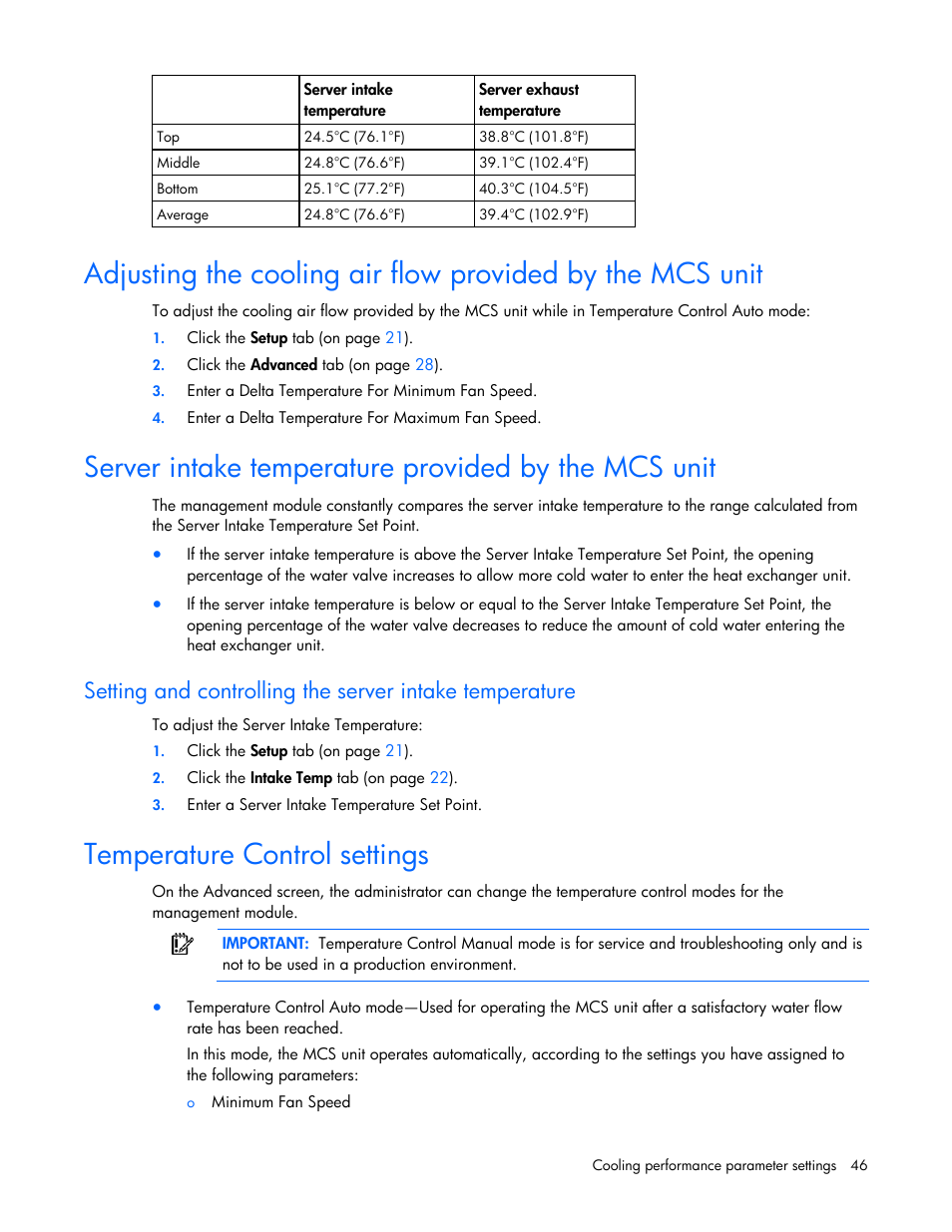 Server intake temperature provided by the mcs unit, Temperature control settings | HP Modular Cooling System User Manual | Page 46 / 57