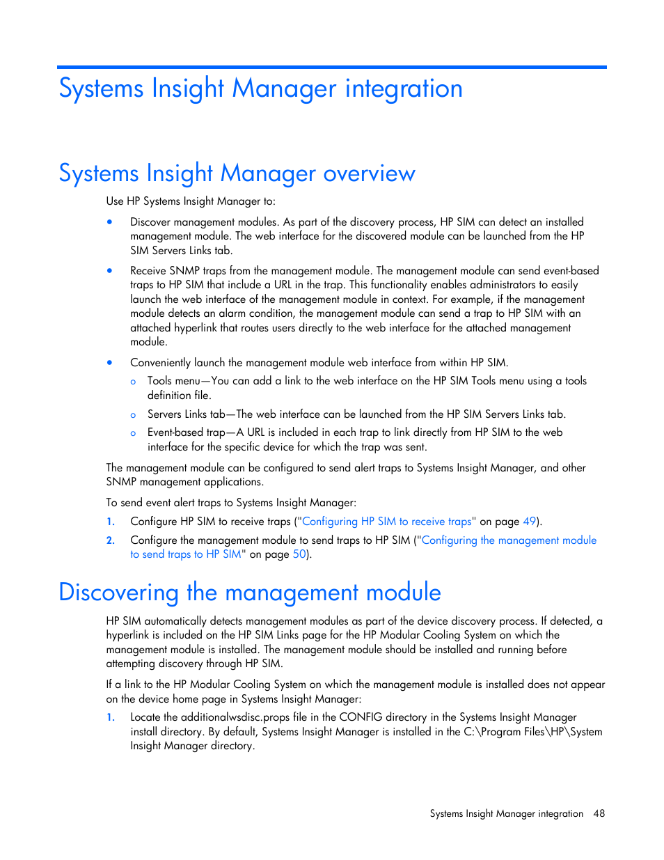 Systems insight manager integration, Systems insight manager overview, Discovering the management module | HP Modular Cooling System User Manual | Page 48 / 57