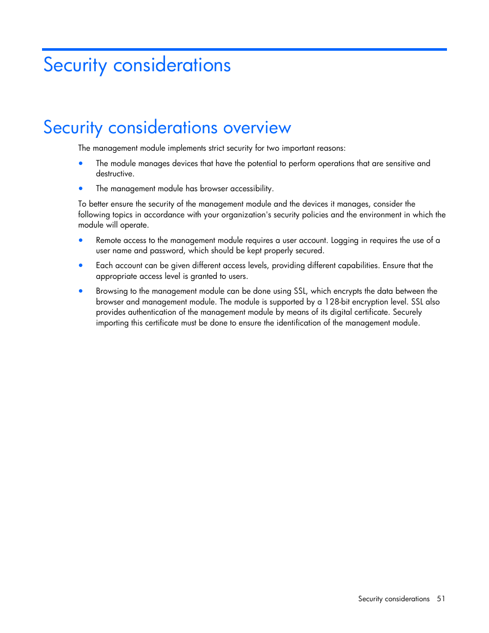 Security considerations, Security considerations overview | HP Modular Cooling System User Manual | Page 51 / 57