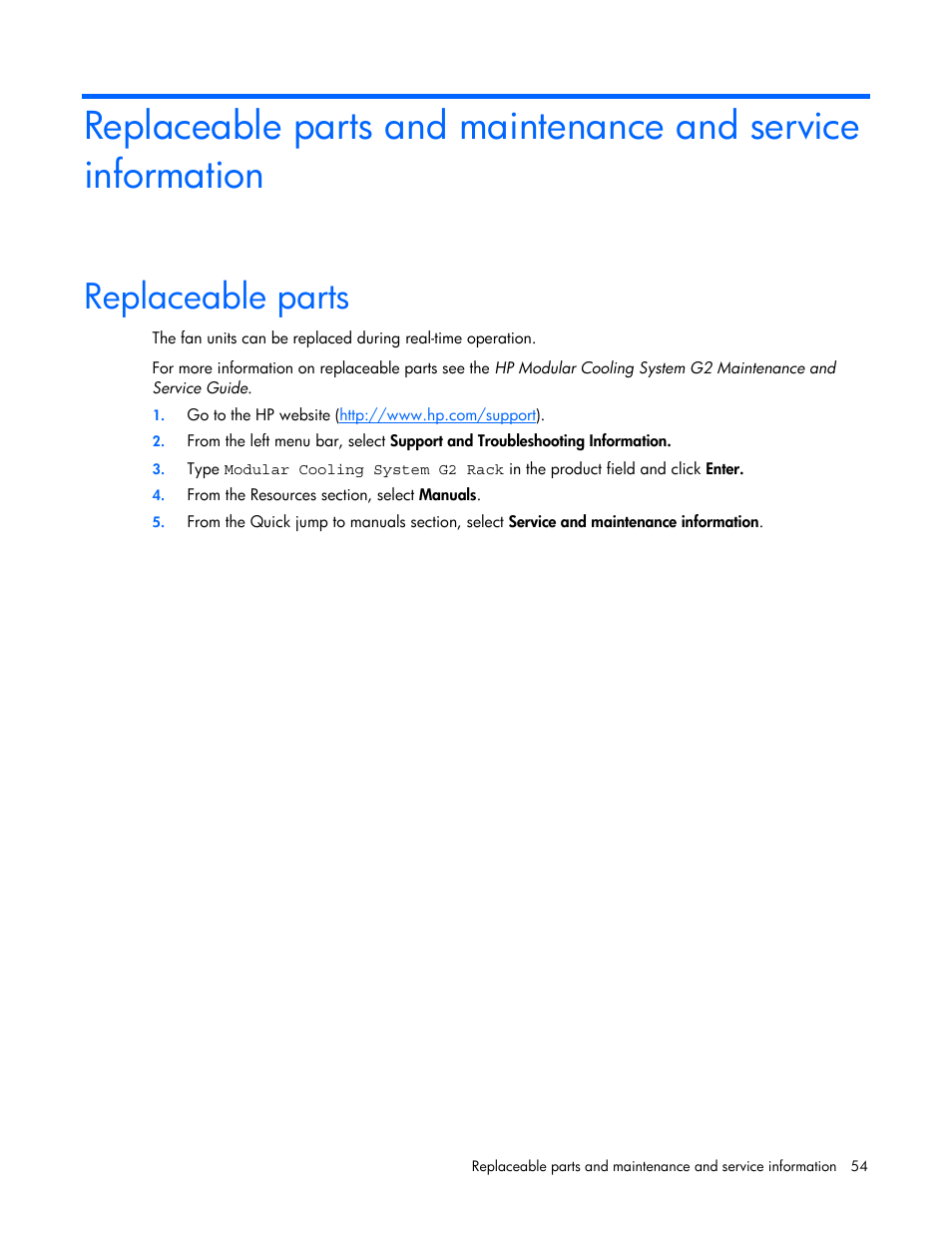 Replaceable parts | HP Modular Cooling System User Manual | Page 54 / 57