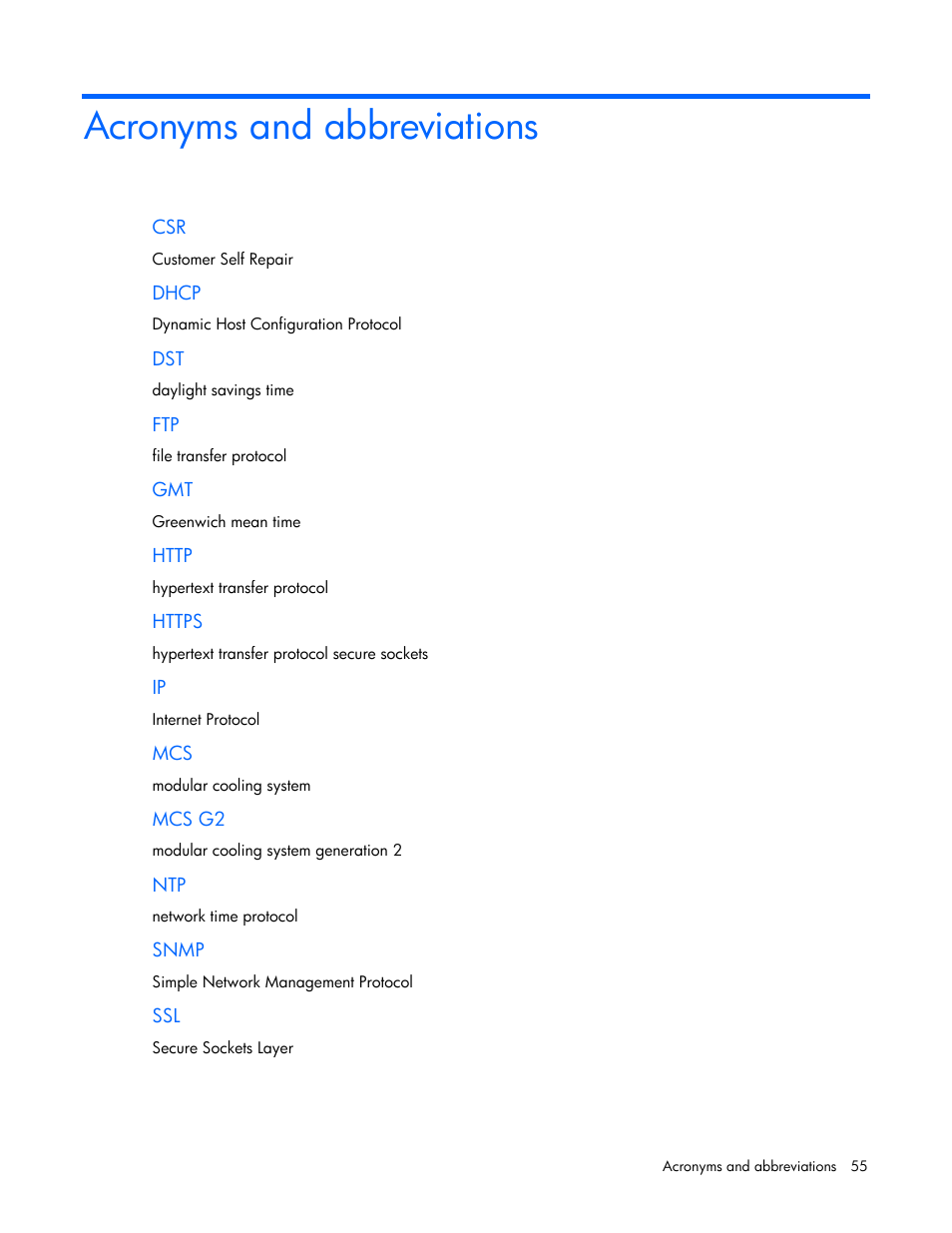 Acronyms and abbreviations | HP Modular Cooling System User Manual | Page 55 / 57