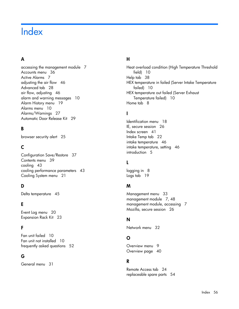 Index | HP Modular Cooling System User Manual | Page 56 / 57